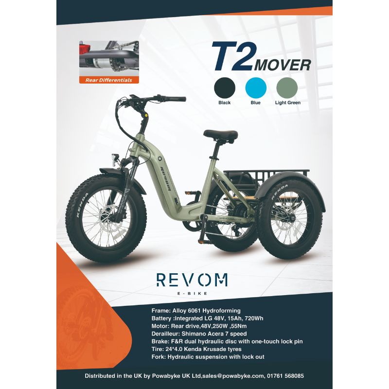 Revom T2 Fat Tyre Cargo Electric Mountain Trike 250W Charge & Glide